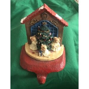 Vintage Cast Iron & Resin Bears Family Christmas Scene Stocking Hanger Holder